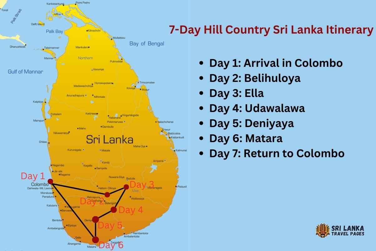 7-Day Hill Country Sri Lanka Itinerary with Map