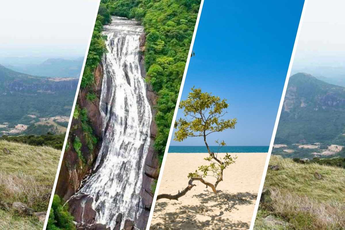 Collage of hidden places in Sri Lanka including Pitawala Pathana, Kirindi Ella waterfall, Baththalangunduwa beach, and mountain landscapes